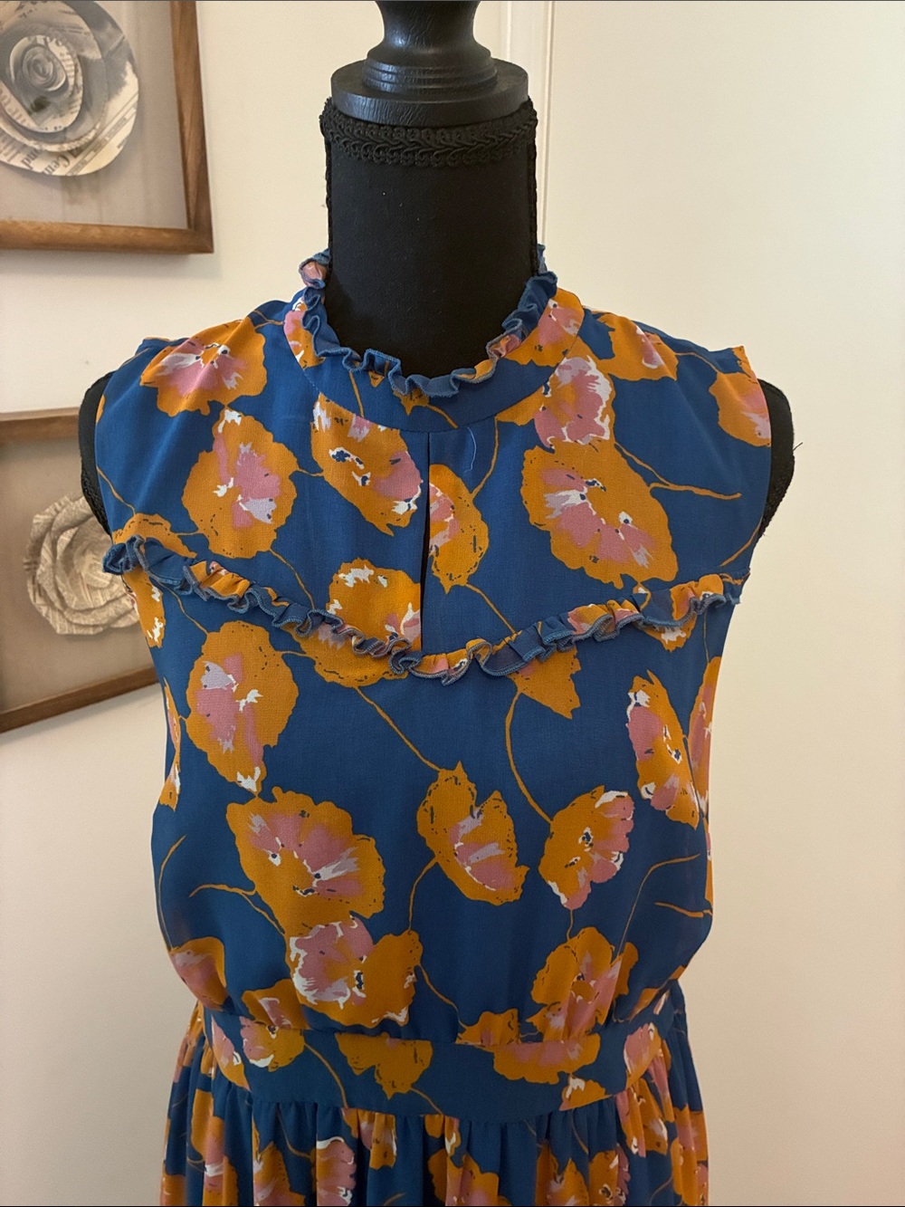 Modcloth Blue/Orange Floral Sleeveless Ruffle Midi Dress Size Large - Picture 2 of 5